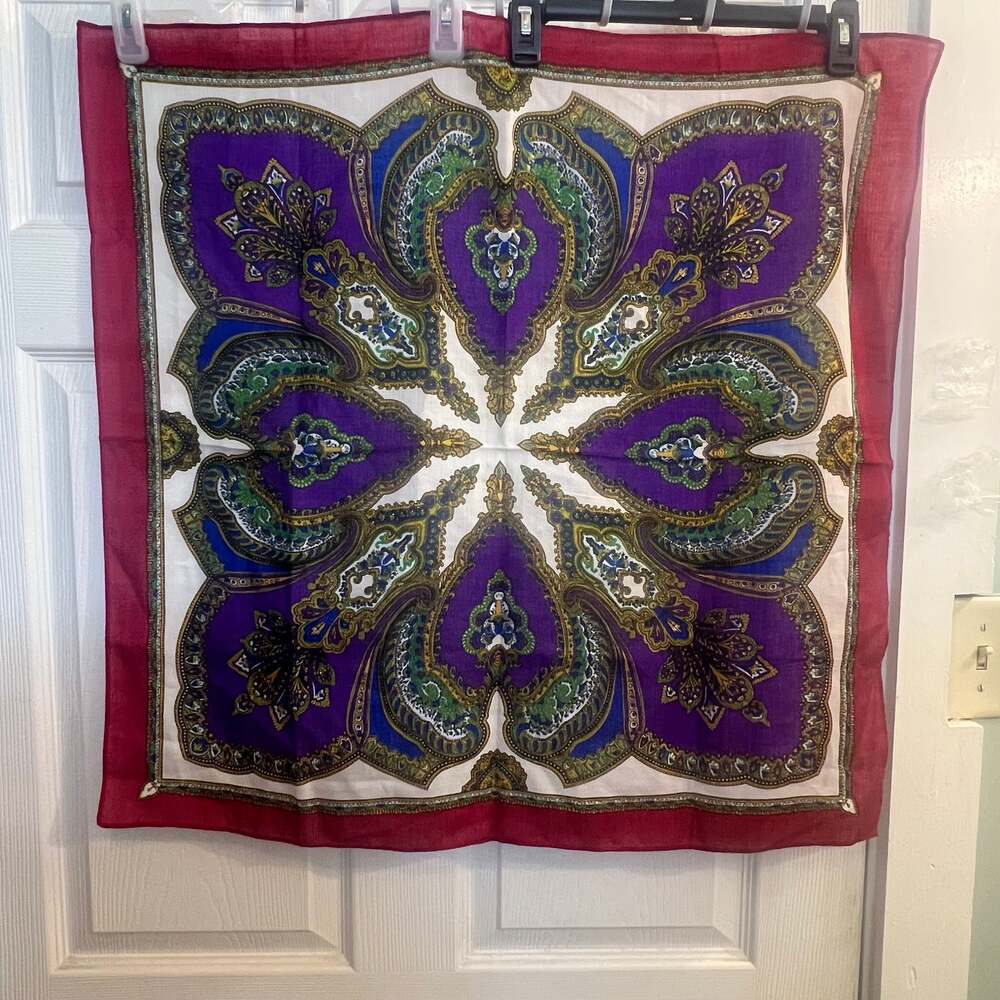 1980s Wool Paisley Challis Scarf Purple Red Blue Paisley 28” X 28”